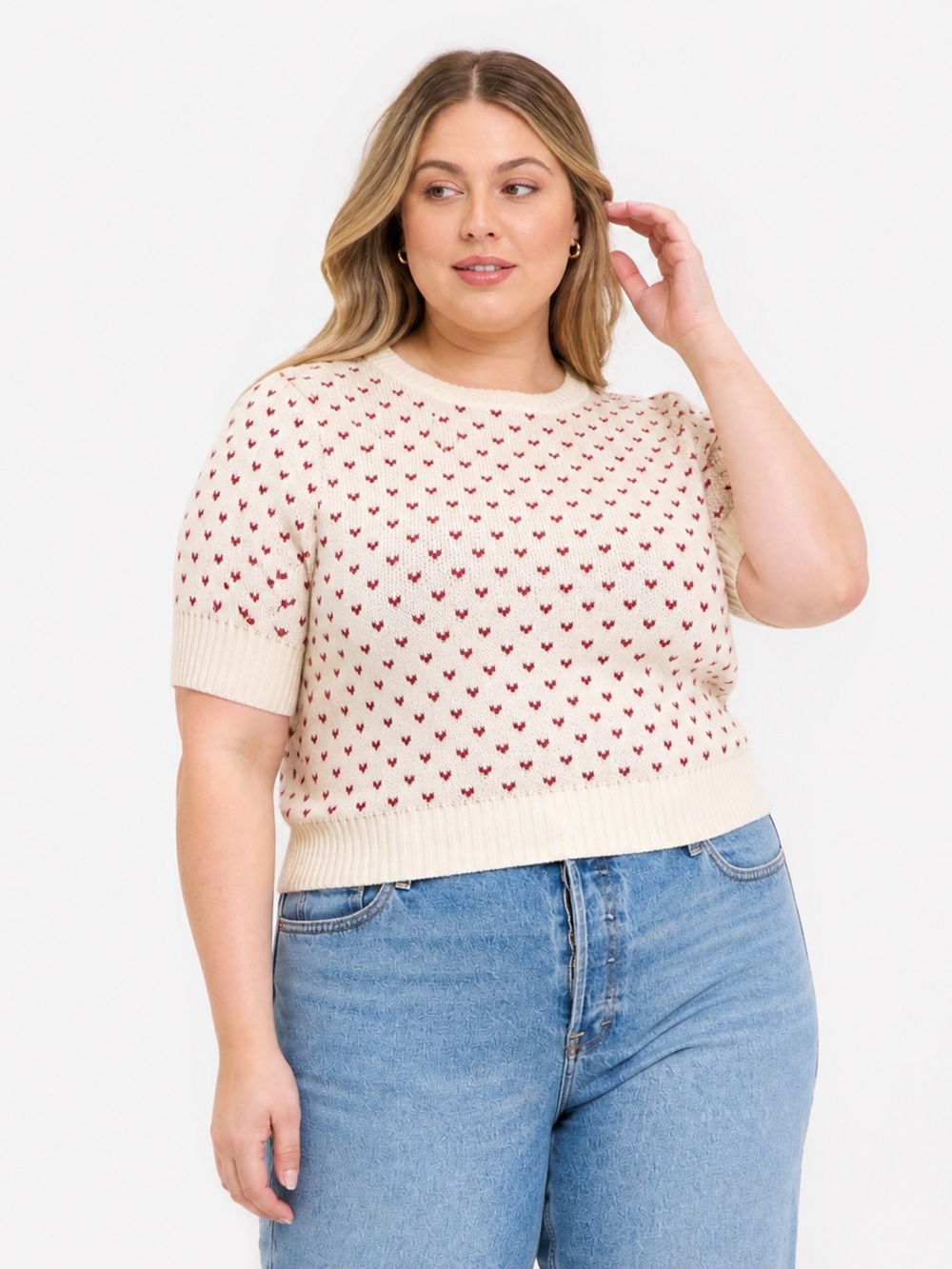 Universal Thread Women's Elbow Sleeve Hearts Crewneck Sweater Cream Size XXL